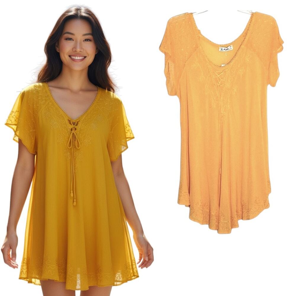 Lapogee Boho Embroidered Tunic Dress Women's Sz M Gold Gauze Sheer Sleeves